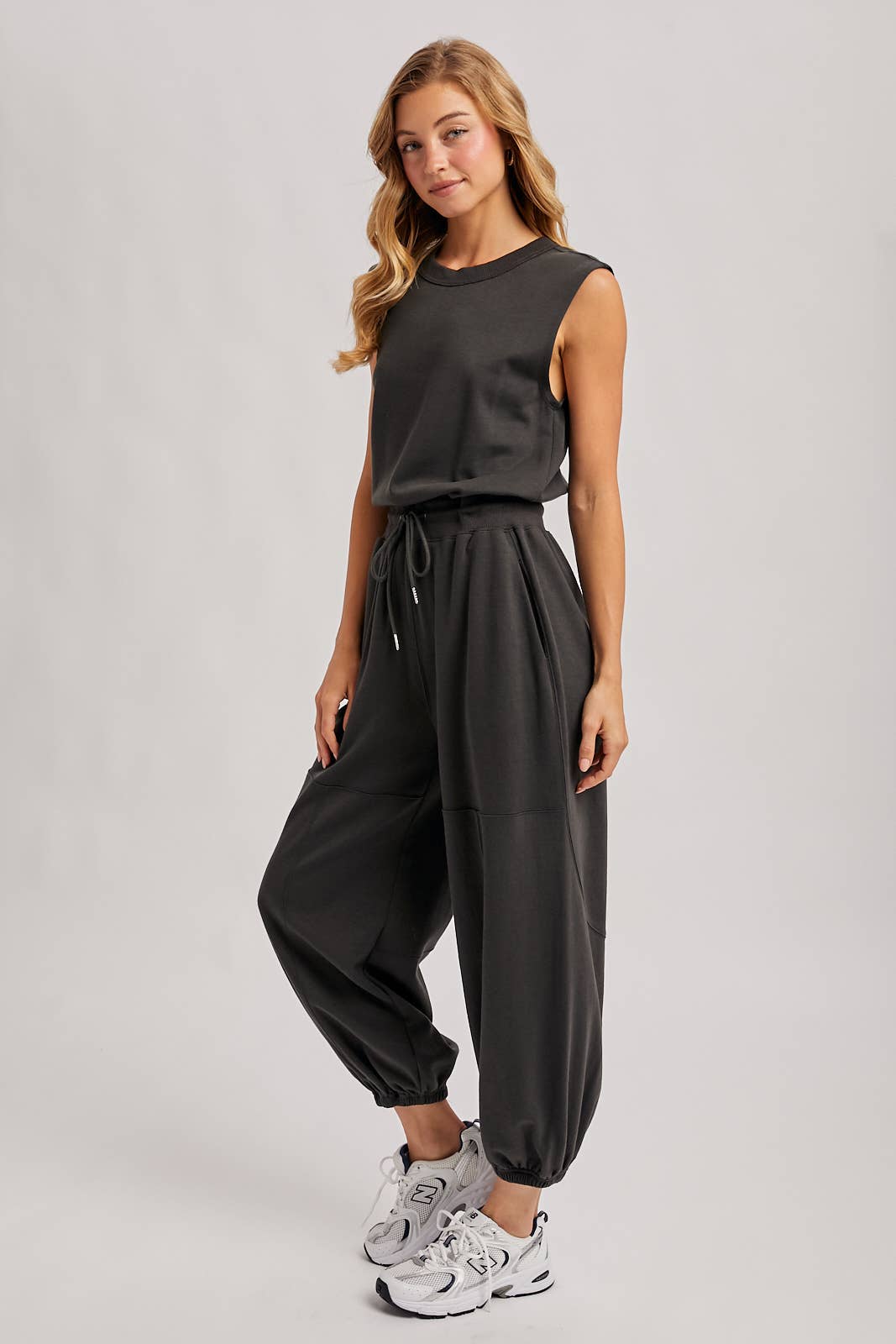 Out and About Drawstring Waist Sleeveless Knit Active Jumpsuit