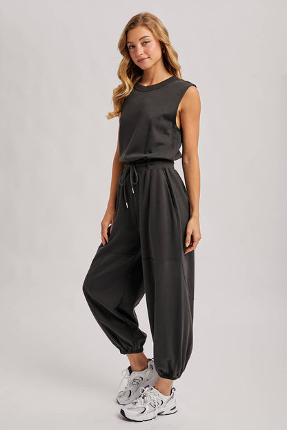 Out and About Drawstring Waist Sleeveless Knit Active Jumpsuit