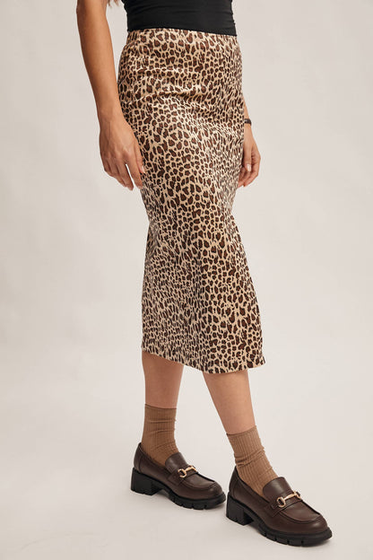 Wild Side Leopard Print Satin Midi Skirt