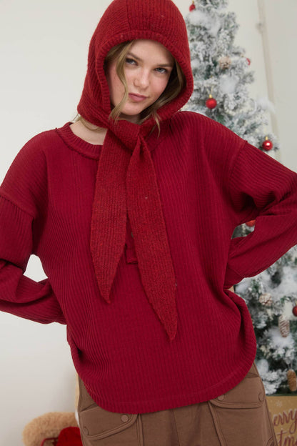 RIBBED HENLEY LONG SLEEVE EXPOSED SEAM KNIT TOP