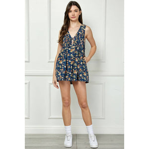 Floral Pleated V Neck Sleeveless Romper
