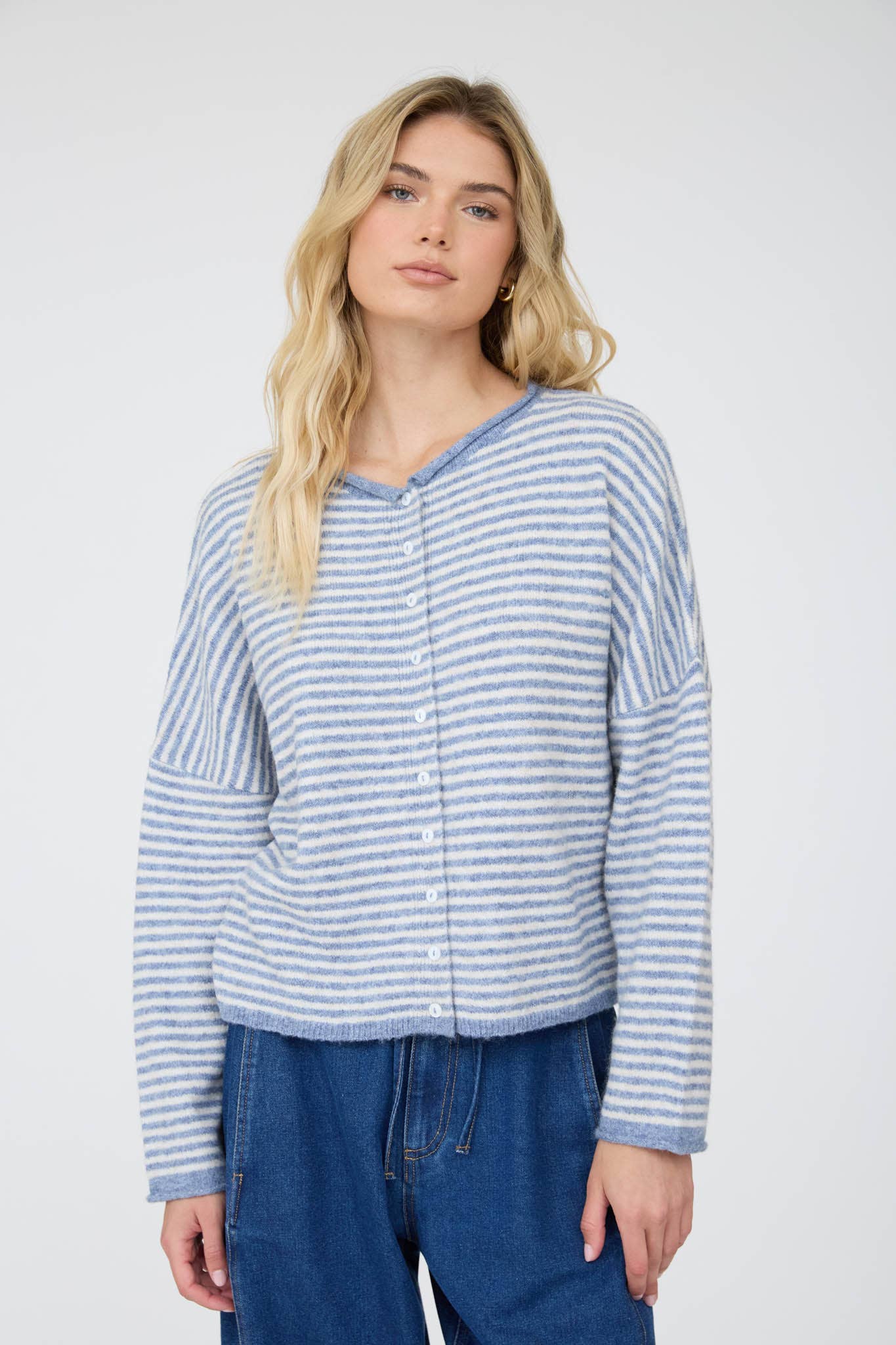 STRIPE RAW EDGE DROP SHOULDER KNIT CARDIGAN