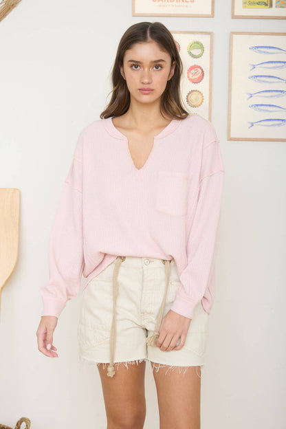 Lime Light Split Neck Ribbed Knit Top