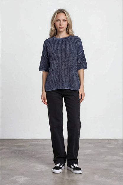 WASHED CREW NECK RAW EDGE SHORT SLEEVE SWEATER