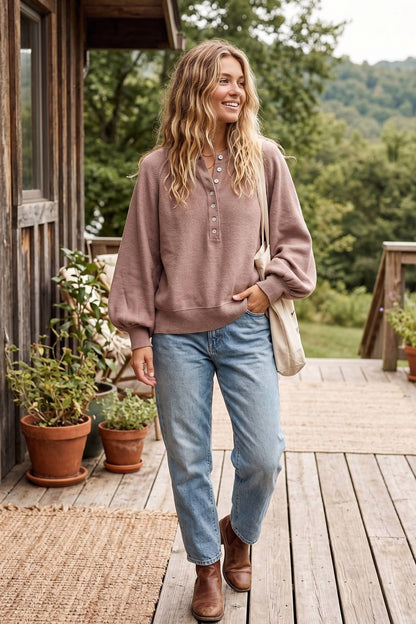 Sunday Social Henley Balloon Sleeve Sweater