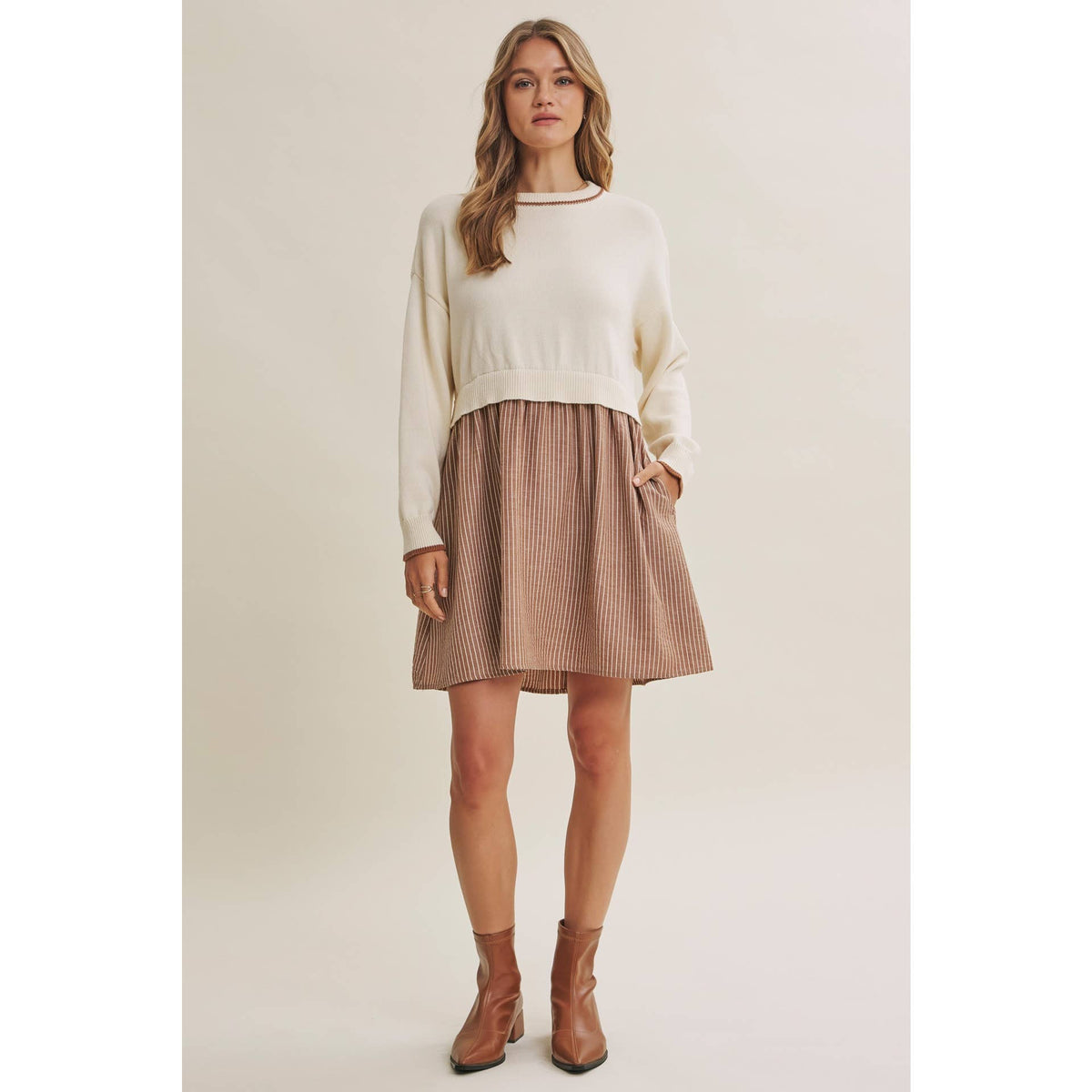 GOLDEN FIELDS LAYERED CONTRAST TWOFER STRIPE MINI DRESS