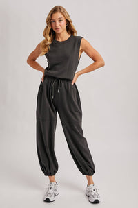 Out and About Drawstring Waist Sleeveless Knit Active Jumpsuit