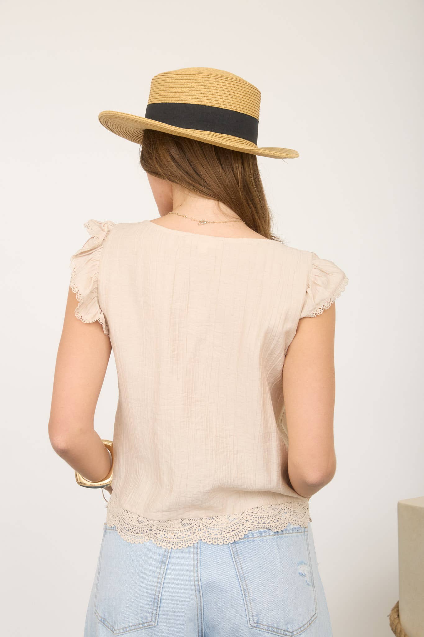 EMBROIDERY LACE TRIM PINTUCK BUTTON DOWN TOP