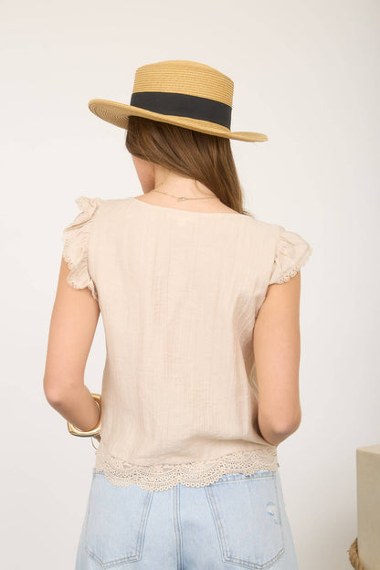 EMBROIDERY LACE TRIM PINTUCK BUTTON DOWN TOP