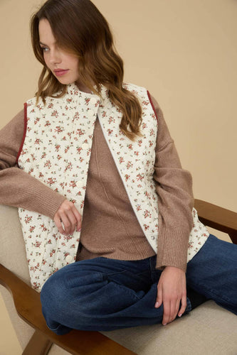 Feeling Social Floral Quilted Zip-Up Puffer Vest