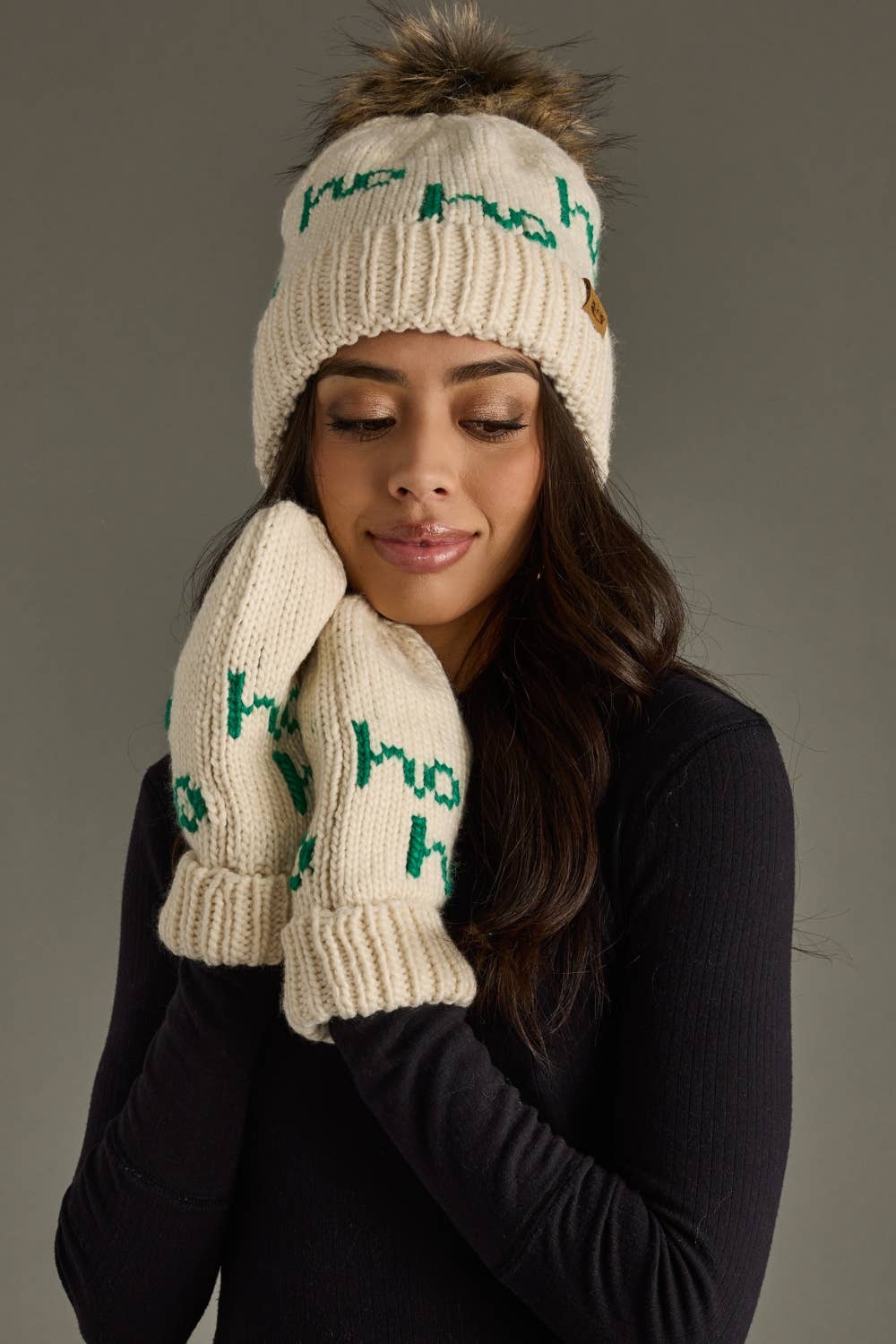 Beige & Green Ho Ho Ho Pom Hat