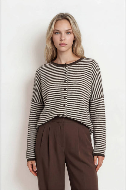 STRIPE RAW EDGE DROP SHOULDER KNIT CARDIGAN