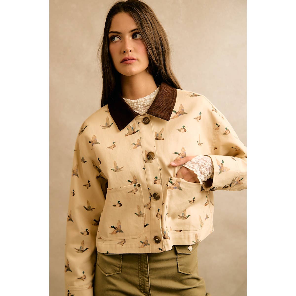 Mallard Duck Print Corduroy Collar Jacket