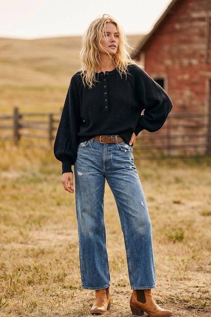 Sunday Social Henley Balloon Sleeve Sweater