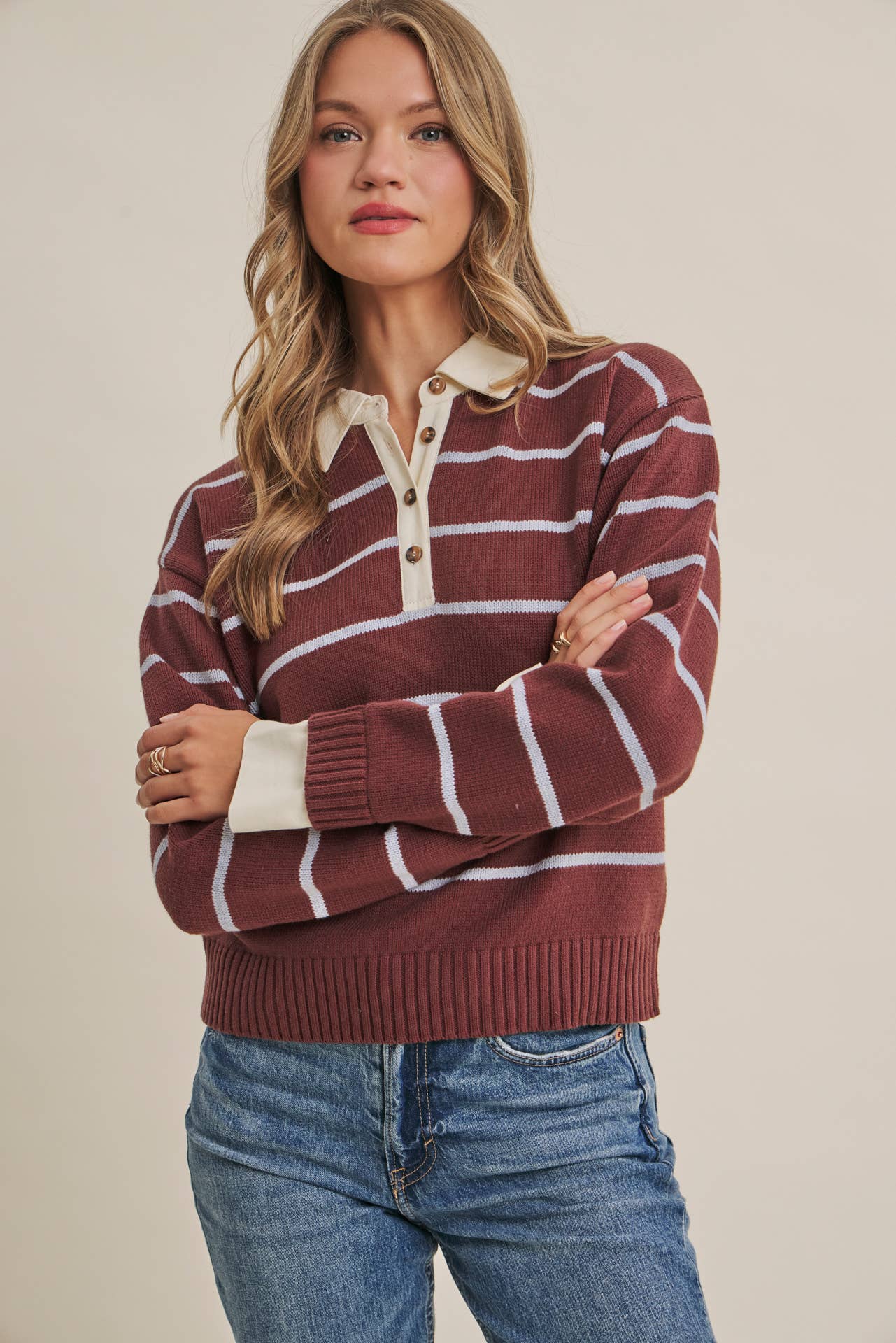 MODERN HERITAGE STRIPE HENLEY TWOFER SWEATER TOP