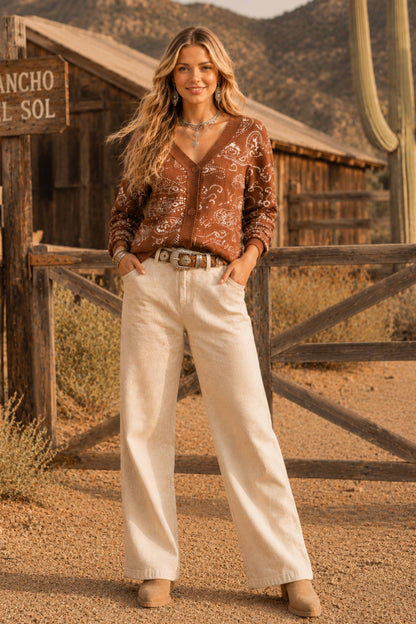 Boho Graphic Knit Cardigan – Cozy Brown Winter Layer