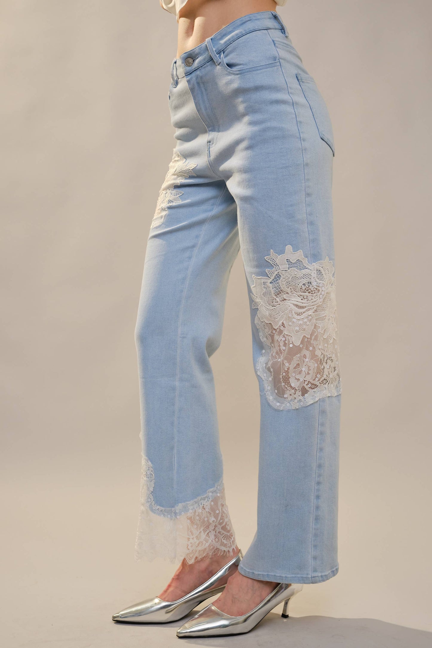 Lace Patchwork Straight Leg Jeans