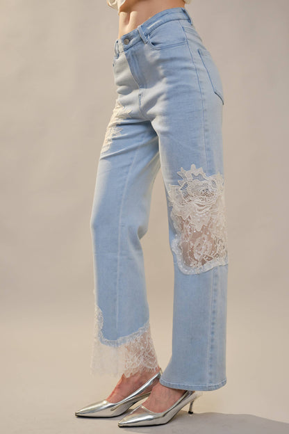 Lace Patchwork Straight Leg Jeans