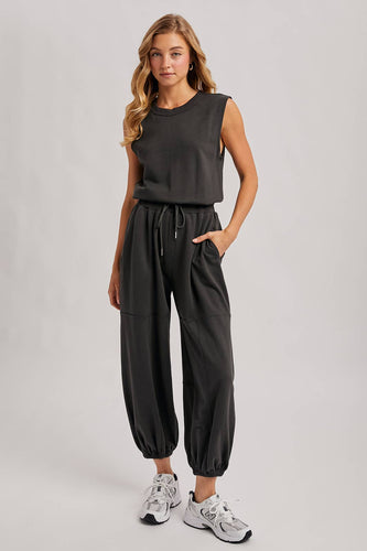 Out and About Drawstring Waist Sleeveless Knit Active Jumpsuit