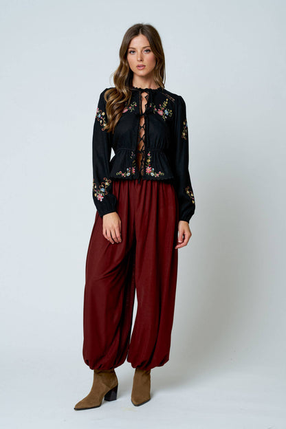 FLORAL EMBROIDERY CROCHET LACE TRIM FRONT TIE TOP