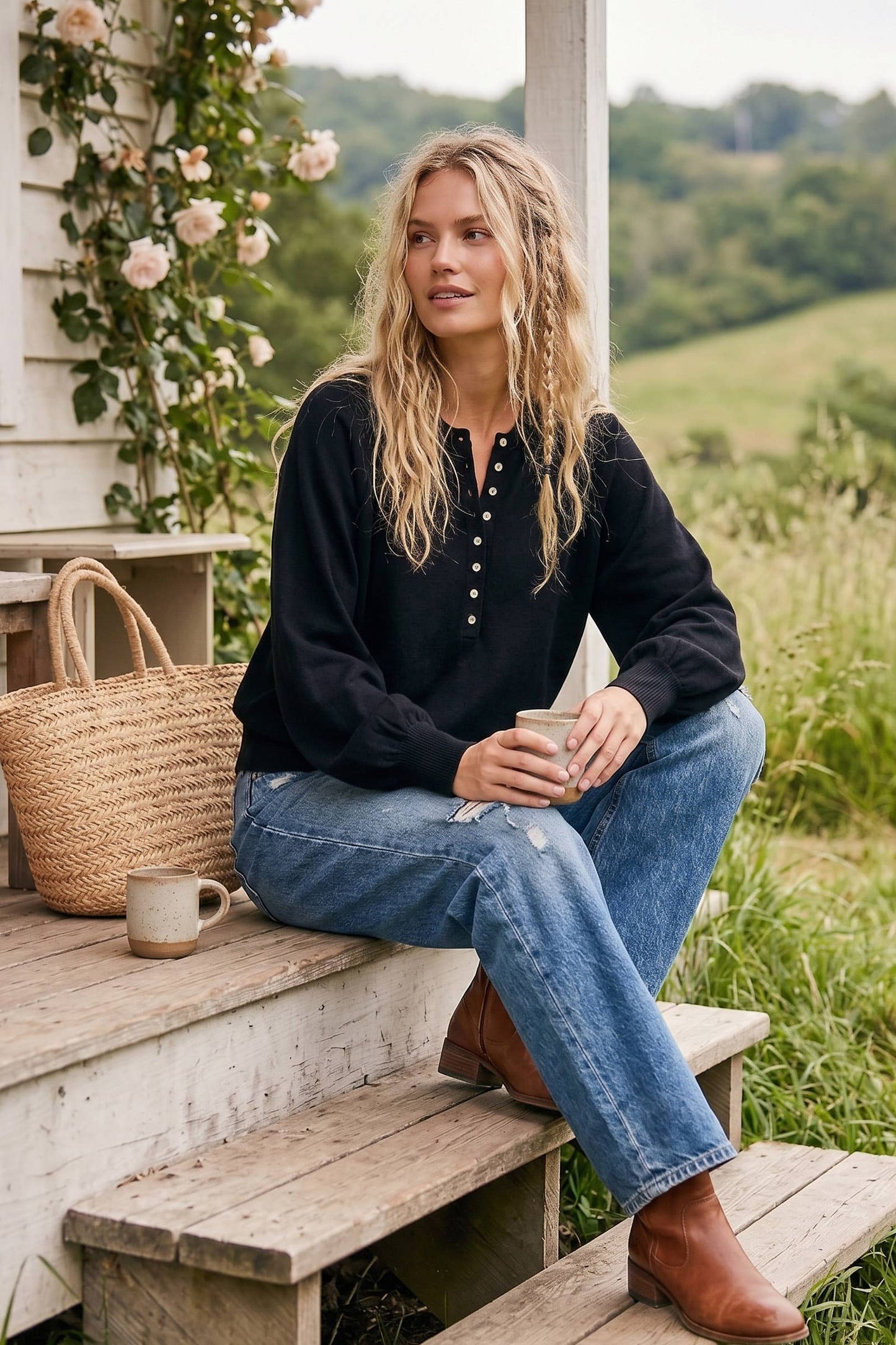 Sunday Social Henley Balloon Sleeve Sweater