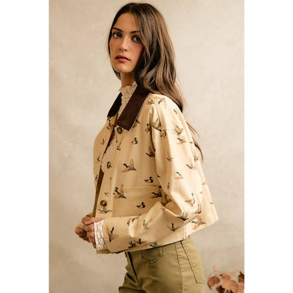 Mallard Duck Print Corduroy Collar Jacket