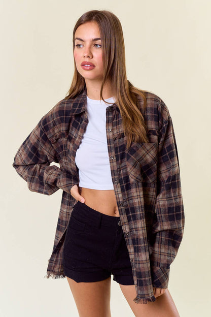 Bonfire Nights Plaid Flannel Shirt W/ Frayed Hem