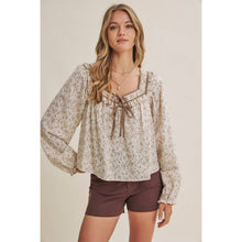 Load image into Gallery viewer, PRAIRIE ROMANCE BOTANICAL BOW TIE FRONT RUFFLED BLOUSE