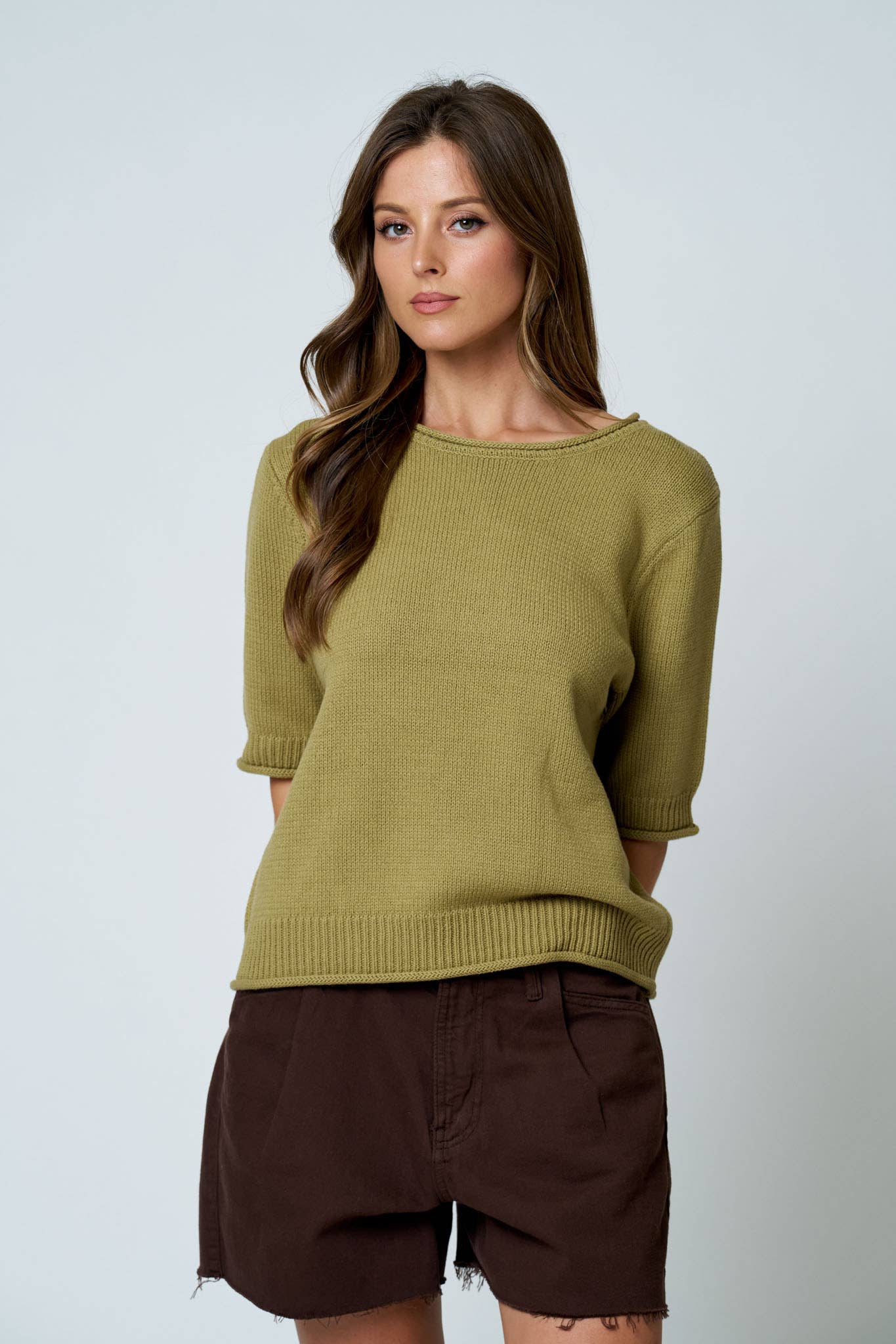 RAW EDGE HALF SLEEVE SWEATER KNIT TOP