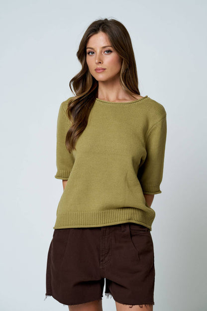 RAW EDGE HALF SLEEVE SWEATER KNIT TOP