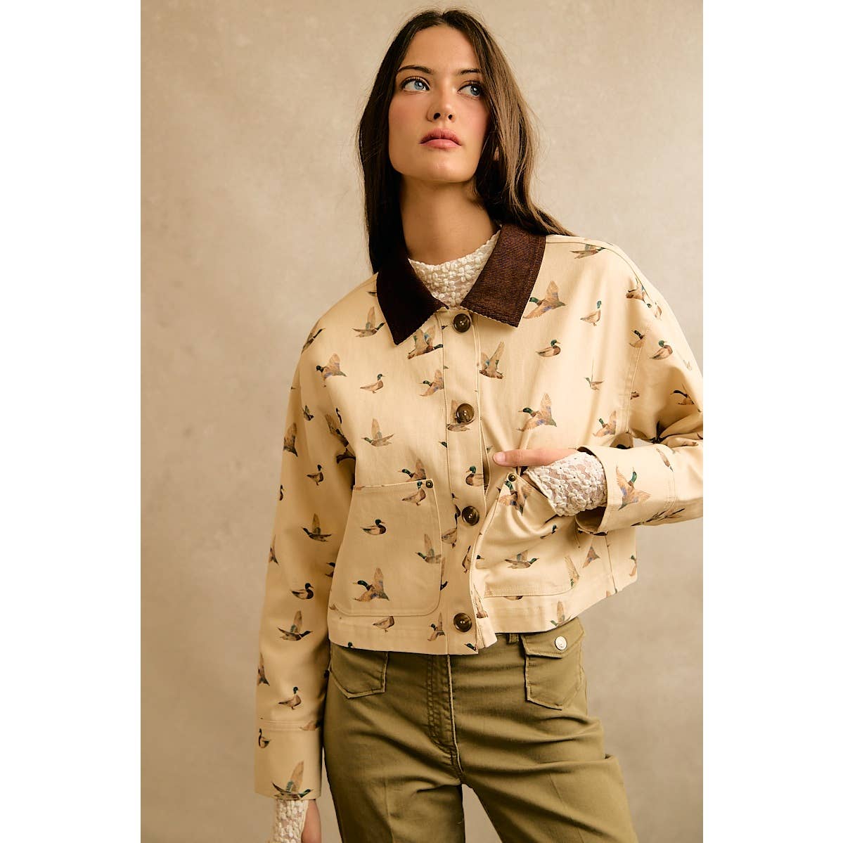 Mallard Duck Print Corduroy Collar Jacket