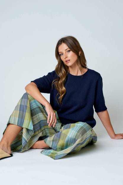 RAW EDGE HALF SLEEVE SWEATER KNIT TOP