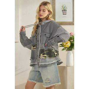 Oli & Hali Mixed Fabric  Hooded Button Down Jacket