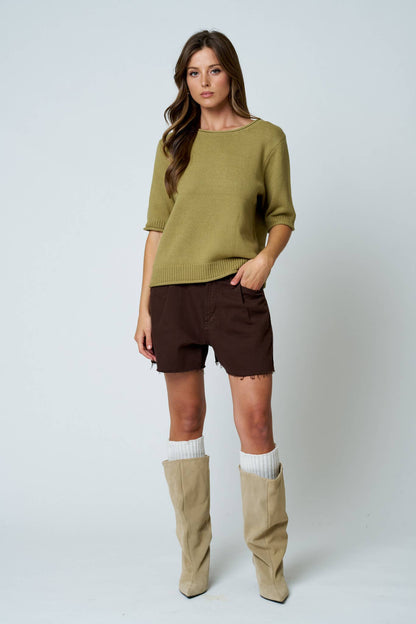 RAW EDGE HALF SLEEVE SWEATER KNIT TOP
