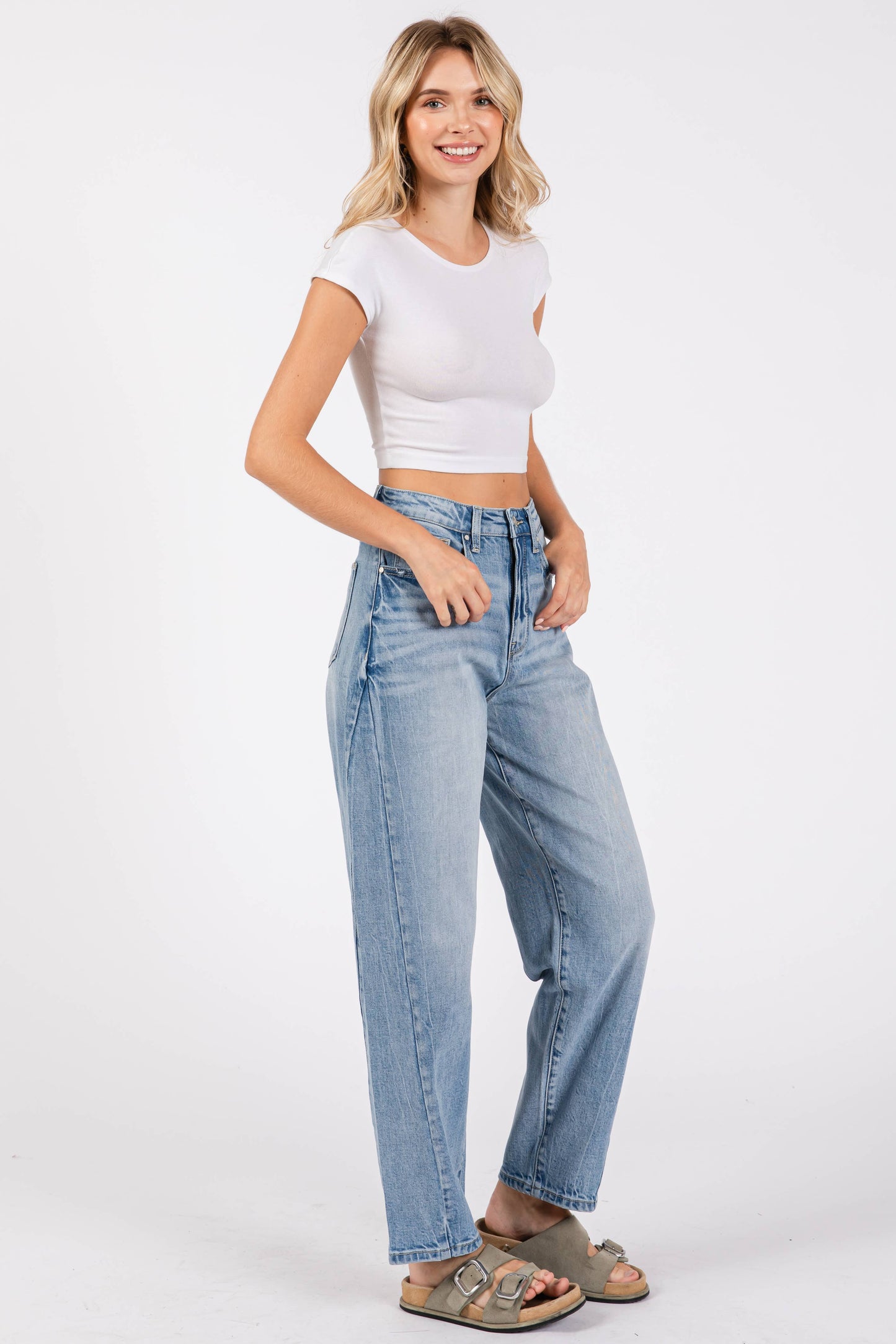 LM SIDE SEAM DETAILING HIGH RISE COMFORT BARREL JEANS