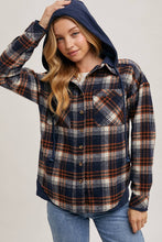 Load image into Gallery viewer, Wrapped in Warmth Button Down Contrast Hooded Plaid Jacket/Shacket