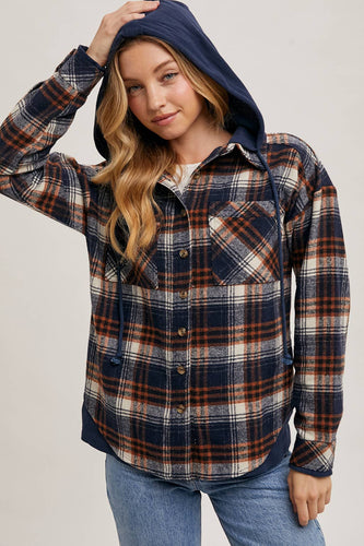 Wrapped in Warmth Button Down Contrast Hooded Plaid Jacket/Shacket