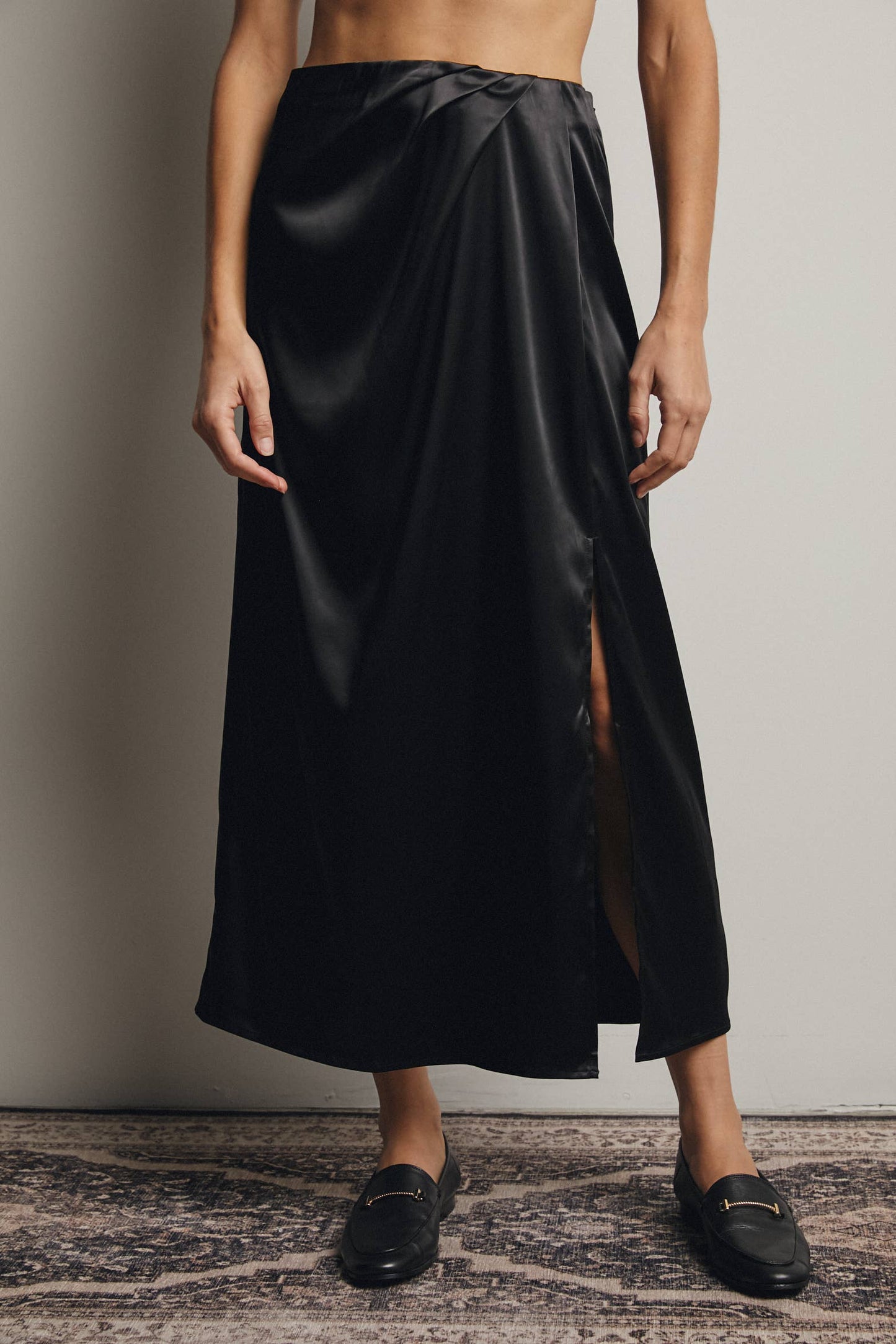 Midnight Muse Satin Side Slit Midi Skirt