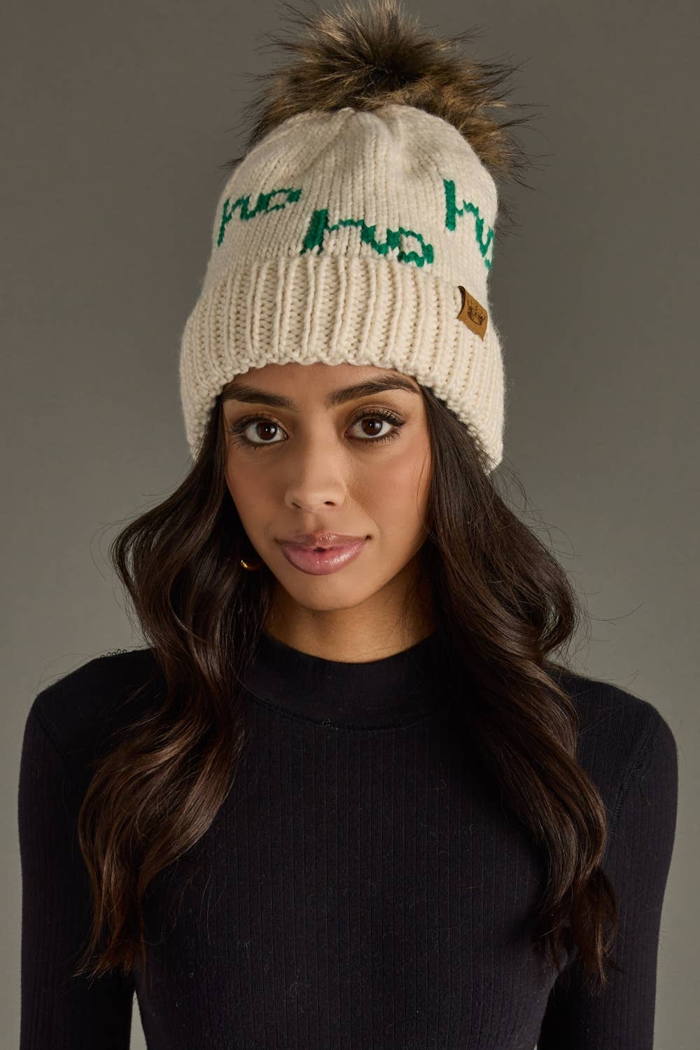 Beige & Green Ho Ho Ho Pom Hat