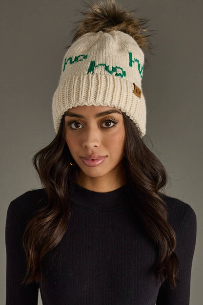 Beige & Green Ho Ho Ho Pom Hat
