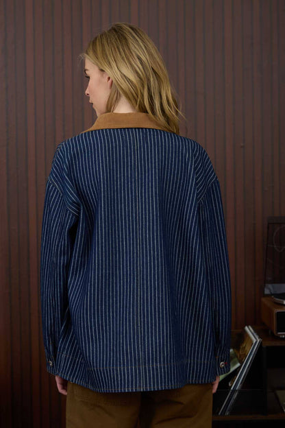 STRIPE CORDUROY COLLAR DENIM SHACKET