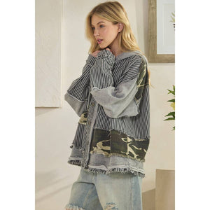 Oli & Hali Mixed Fabric  Hooded Button Down Jacket