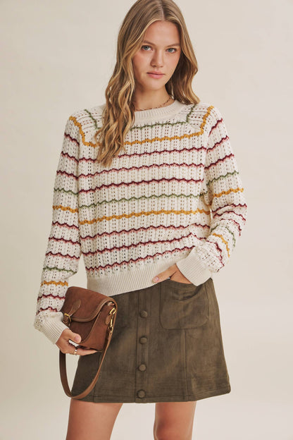 ARTISAN MULTI-COLOR CROCHET-LIKE SCALLOP STRIPE SWEATER