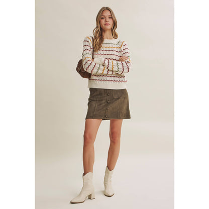 ARTISAN MULTI-COLOR CROCHET-LIKE SCALLOP STRIPE SWEATER
