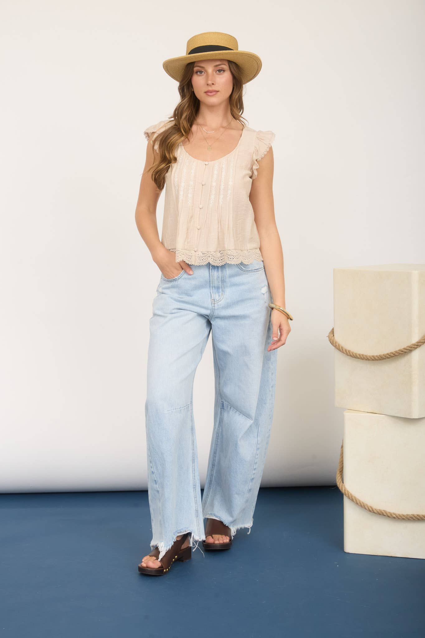EMBROIDERY LACE TRIM PINTUCK BUTTON DOWN TOP