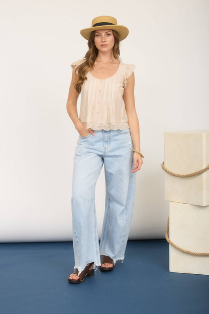 EMBROIDERY LACE TRIM PINTUCK BUTTON DOWN TOP
