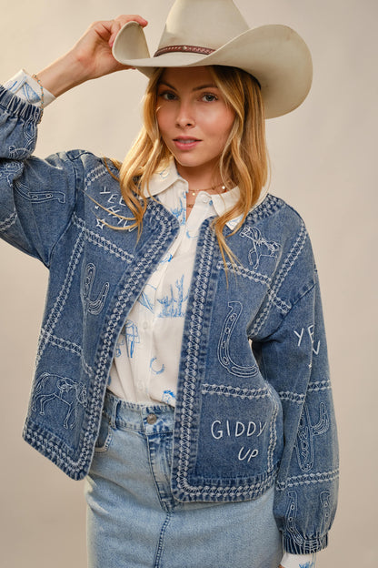 This Ain’t My First Rodeo Western Embroidery Puff Sleeve Denim Jacket