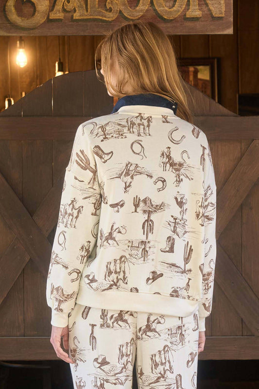 Western Print Crew Neck Knit Top