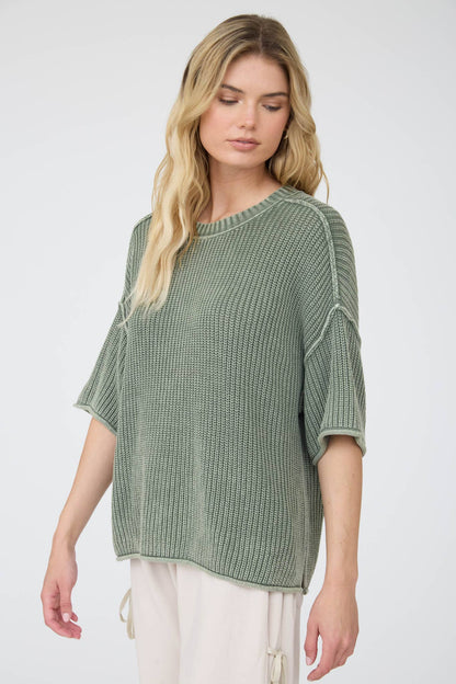 WASHED CREW NECK RAW EDGE SHORT SLEEVE SWEATER