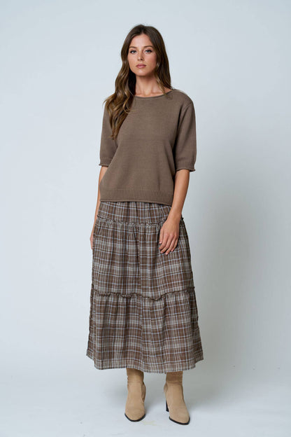 RAW EDGE HALF SLEEVE SWEATER KNIT TOP